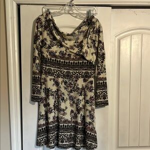 Altar'd State Cream and Black Fit and Flare Long Sleeve Dress